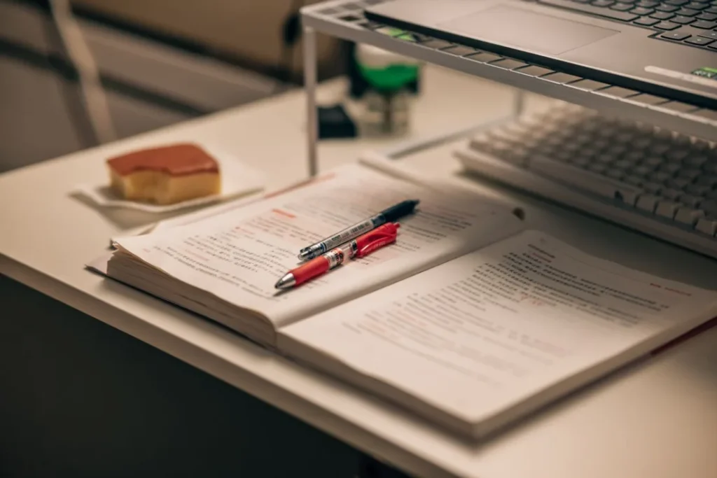 An open book with study notes beside a laptop